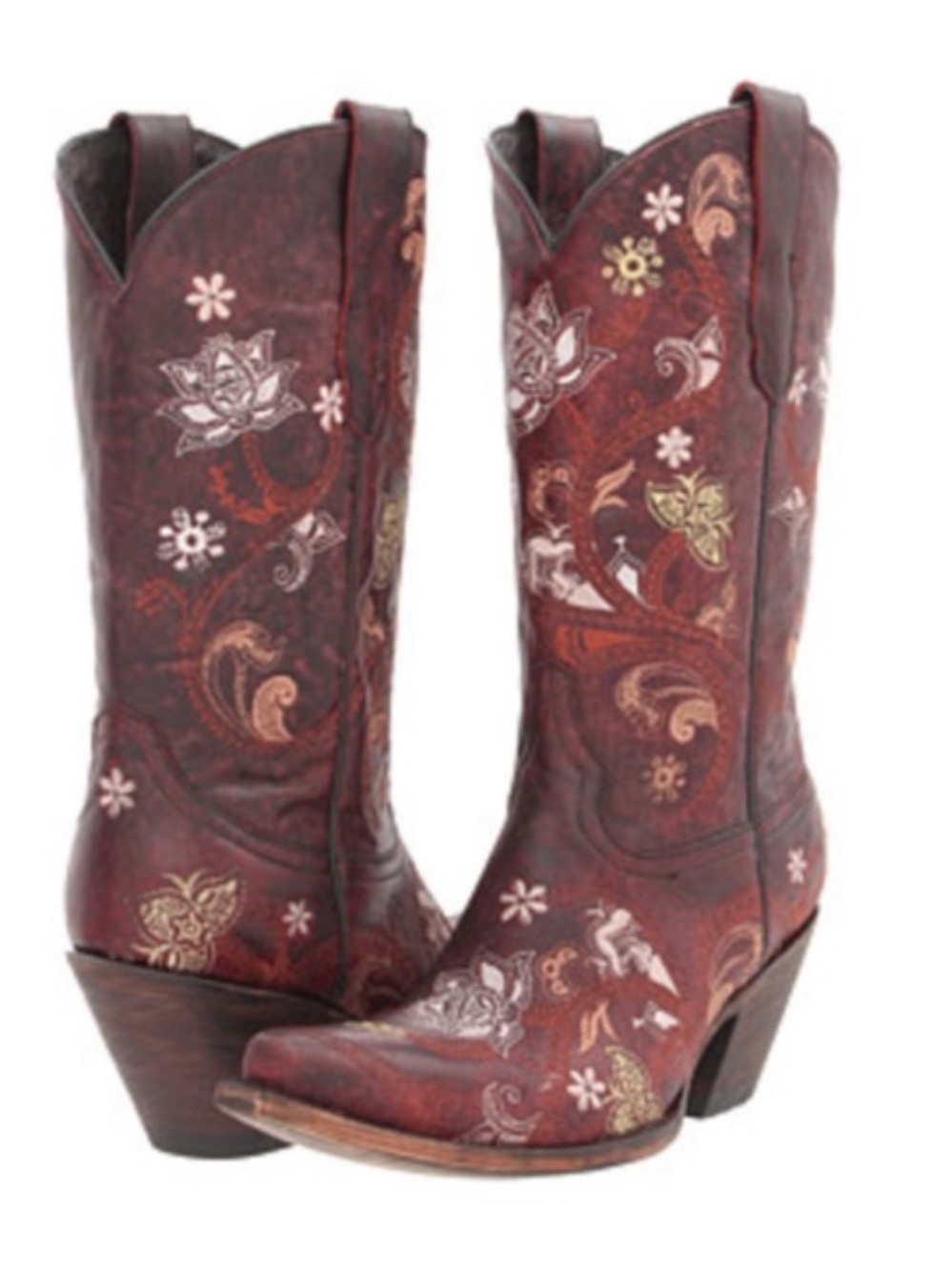 Lucchese Burgundy Floral Embroidered Western Boots Size 8